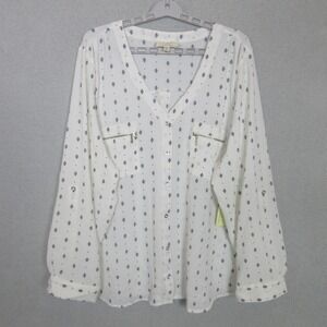 Flower & Feather Women's Blouse Shirt Top White Print Button Up Plus Size 3XL